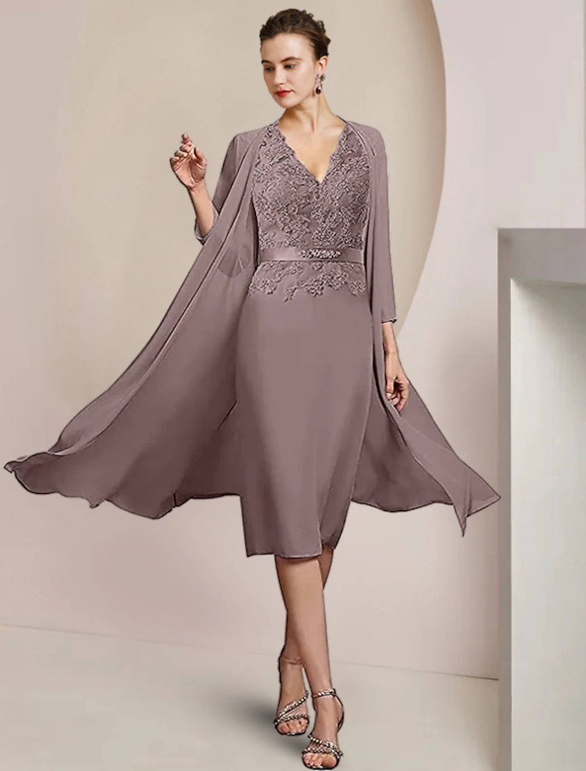 Wholesale  Two Piece Sheath / Column Mother of the Bride Dress Formal Wedding Guest Elegant V Neck Knee Length Chiffon Lace Sleeveless Jacket Dresses with Appliques Crystal Brooch